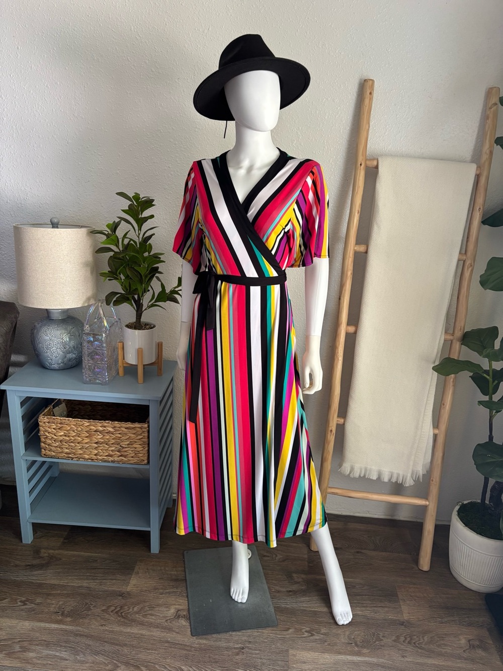 New York & Company Multicolor Striped Wrap Midi Dress